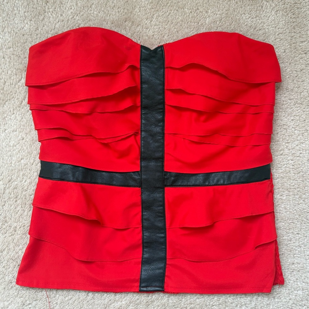 VINTAGE VTG Y2K RAMPAGE STRAPLESS SHIRT RED AND LEATHER RUFFLES STRETCHY M